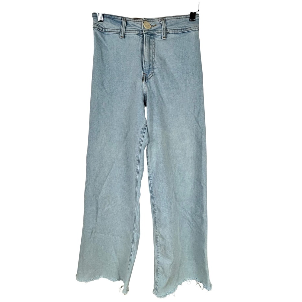 Wide Leg Cropped Jeans Frayed Hem High Rise Light Wash Denim Pants Womens